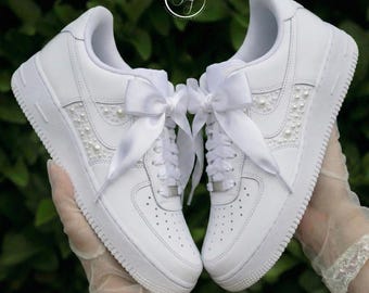 Bridal Sneakers for Bride, White Pearl Air Force 1 Wedding Shoes with Satin Bow