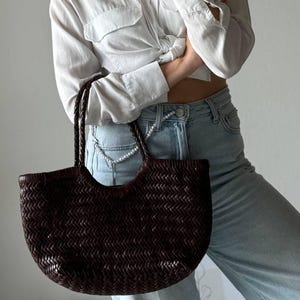 handmade woven leather tote, genuine leather bag, vera pelle handbag, black leather tote, removable textile pouch, snap on wallet