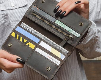 Engraved leather long wallet, Womens long bifold wallet, Personalized long wallet, Slim long wallet, Handcrafted leather wallet