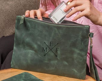 Estuche de maquillaje de cuero personalizado, Estuche de cuero hecho a mano, Estuche de maquillaje con iniciales, Estuche de viaje con cremallera, Estuche con cremallera personalizado