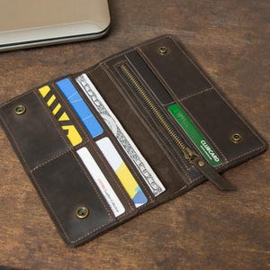 Engraved long leather wallet, Leather long bifold wallet, Monogrammed long wallet, Long wallet with name, Custom long wallet with initials