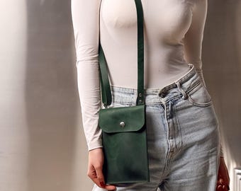 Bolso de cuero personalizado para teléfono, Monedero bandolera para teléfono, Estuche de cuero para teléfono con correa, Bolso minimalista para teléfono, Mini bolso bandolera de cuero
