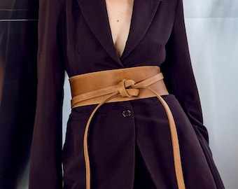 Leather wrap waist belt, Leather obi belt for women, Wide tie belt, Belt without buckle women, Waist corset belt, Wide waist belt leather