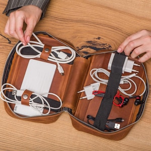 Personalized leather cord organizer, Leather charger case, Travel cable organizer bag, Leather tech accessories bag, Cable storage organizer