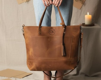 Spersonalizowana skórzana torba typu tote, Duża skórzana torba na ramię, Damska torba na laptopa, Skórzana torba biurowa, Skórzane torby podróżne, Duża torba