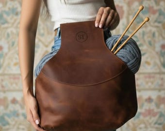Bolsa de cuero personalizada para hilo, bolsa de cuero para tejer, bolsa para proyectos de crochet, soporte de cuero para hilo, bolsa de hilo personalizada, bolsa para guardar hilo, bolsa para hilo