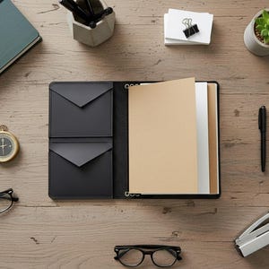 May include: An overhead shot of a wooden desk with office supplies. A black leather journal with two envelope pockets is open, revealing blank pages. Other items include a pen, glasses, a stapler, a compass, pens in a geometric holder, and a succulent.