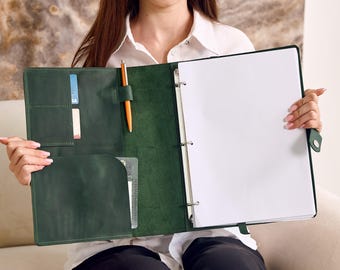 Carpeta de cuero de 3 anillas A4, Carpeta de cuero de 3 anillas con logotipo personalizado, Carpeta de cuero con bolsillos, Libreta de cuero personalizada, Libreta de cuero personalizada