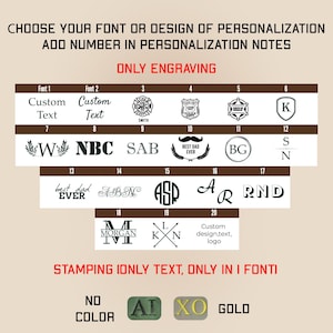 May include: A beige graphic with options for personalization. It includes font choices, designs, and stamping options. Text reads "CHOOSE YOUR FONT OR DESIGN OF PERSONALIZATION" and "ONLY ENGRAVING".