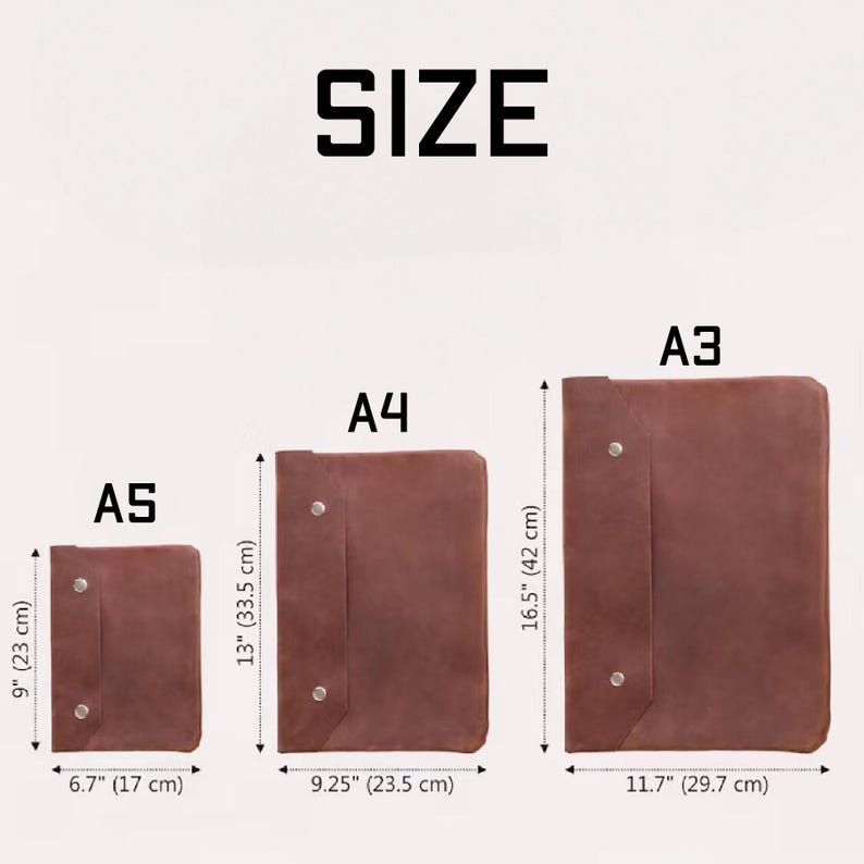 May include: Three brown leather document holders in A5 (23 cm x 17 cm), A4 (33.5 cm x 23.5 cm), and A3 (42 cm x 29.7 cm) sizes. Each has metal rivets and a flap closure. The word "SIZE" is at the top.