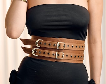 Leather double buckle waist belt, Wide waist belt women, Underbust waist belt, Handmade waist belt, Fashion leather belts, Cincher belt