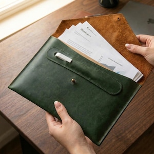 May include: A dark green leather document holder with a flap closure and a white pen holder. The interior is tan and holds several sheets of paper with the word "Business" printed on them. The holder is being held by a person.