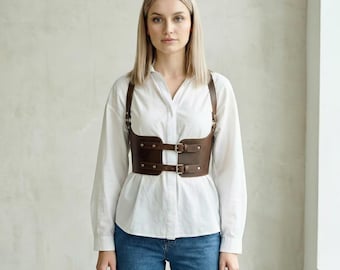 Cinturón arnés de cuero, arnés de cintura para mujer, cinturón de cuero marrón, arnés tipo corsé, arnés corporal, cinturón de cintura ajustable, arnés de moda