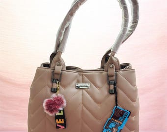Elegant Quilted Faux Leather Shoulder Handbag, Beige Matte Finish, Black Hardware, Pom-Pom Charm