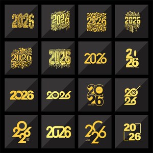 May include: A collection of gold-colored 2026 designs on a black background. Each design features a unique font and style, including floral, circuit board, and minimalist themes. Some designs include the text "Happy New Year".