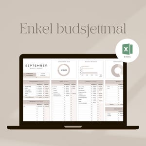 Puede incluir: Un ordenador portátil muestra una hoja de cálculo con el texto "Enkel budsjettmal" en la parte superior. La hoja de cálculo es para septiembre e incluye gráficos y tablas. Un icono de Excel está en la esquina superior derecha.