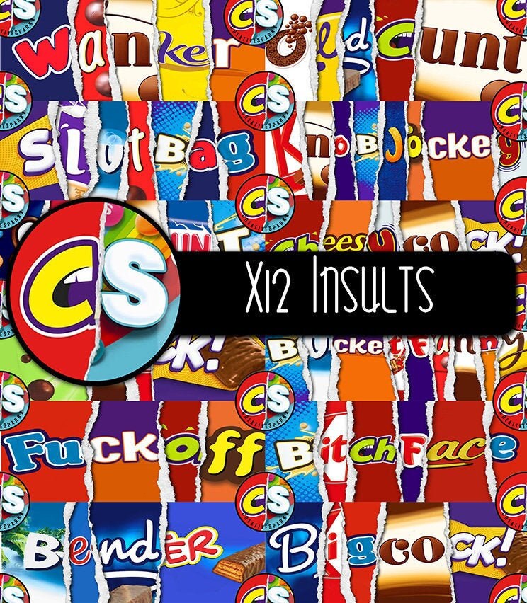 X12 INSULTS (A) Printable Chocolate Bar Wrapper Novelty Joke Funny Ru…