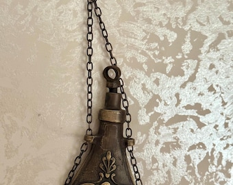Vintage Gunpowder Bottle with Chain | Antique Brass Metal Flask | Rustic Wall Hanging Collectible Decor