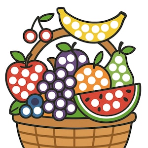 May include: A cartoon illustration of a woven basket filled with various fruits, including a red apple, grapes, and a banana. Each fruit has white polka dots. The text "9 FRUITS OF THE SPIRIT" is below the basket.