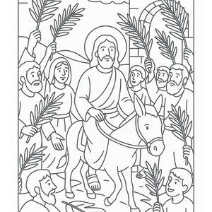 May include: Black and white line drawing depicting a religious scene. A figure with a halo rides a donkey, surrounded by people holding palm branches. The scene is set outdoors with architectural elements in the background.