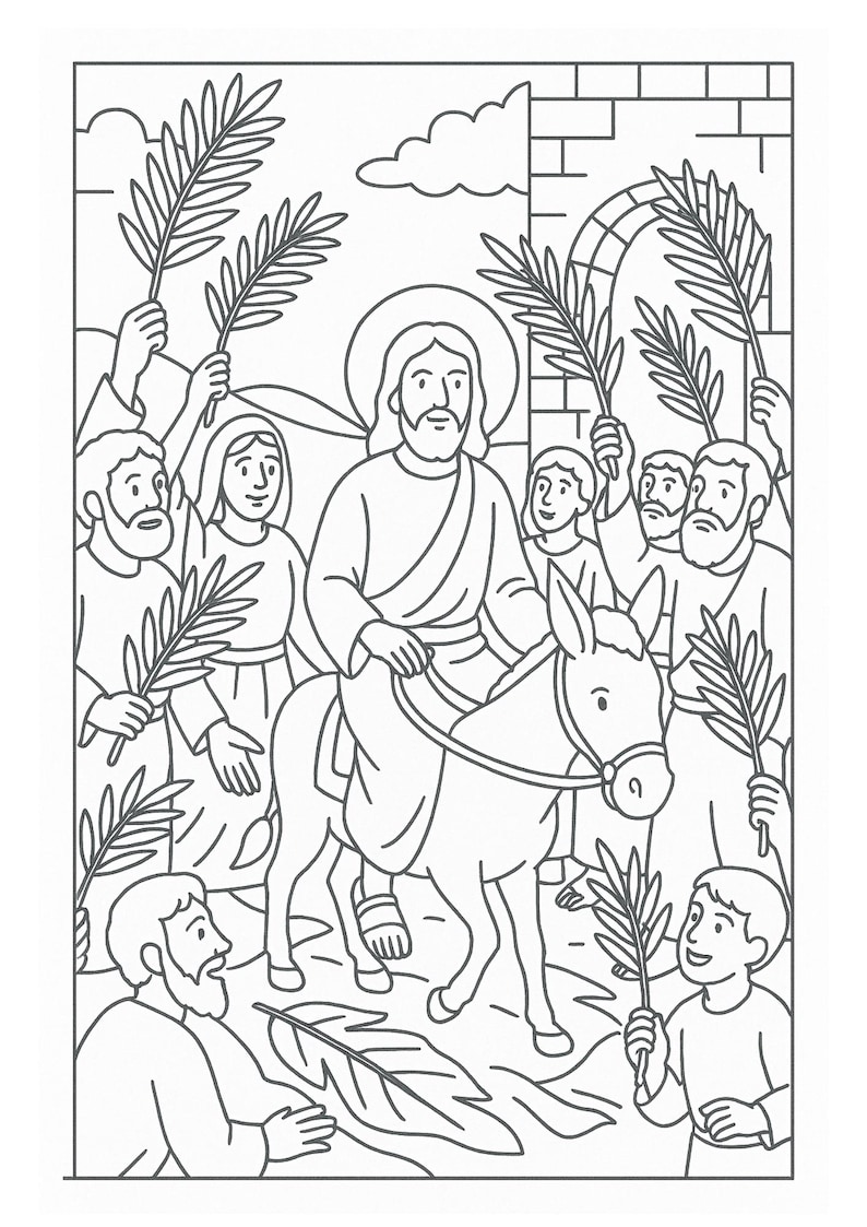 May include: Black and white line drawing depicting a religious scene. A figure with a halo rides a donkey, surrounded by people holding palm branches. The scene is set outdoors with architectural elements in the background.