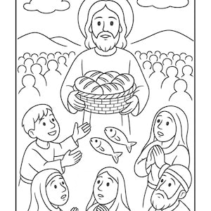 May include: Black and white line drawing depicting a biblical scene. A central figure holds a basket of bread, with two fish nearby. A crowd of people and clouds fill the background. Several figures are looking up.