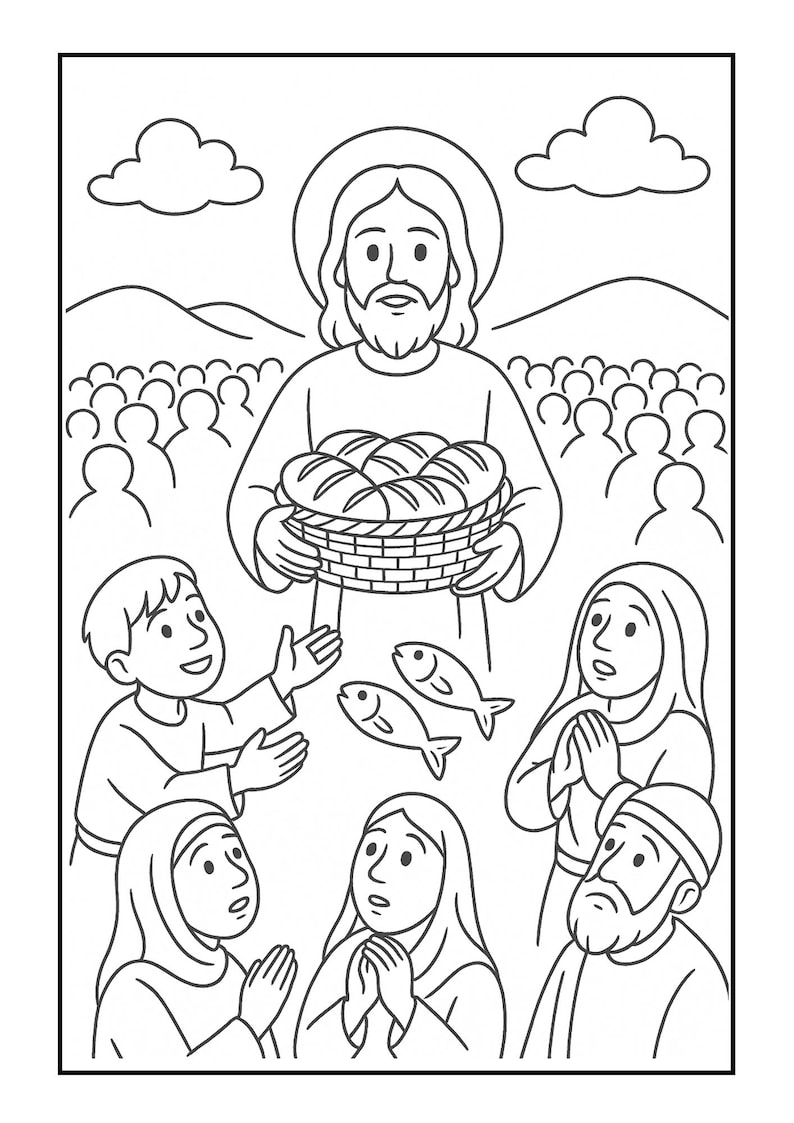 May include: Black and white line drawing depicting a biblical scene. A central figure holds a basket of bread, with two fish nearby. A crowd of people and clouds fill the background. Several figures are looking up.