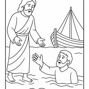 May include: Black and white line art illustration depicting a biblical scene. A figure in a robe stands on the shore, reaching out to another figure in the water. A boat with a mast is in the background.