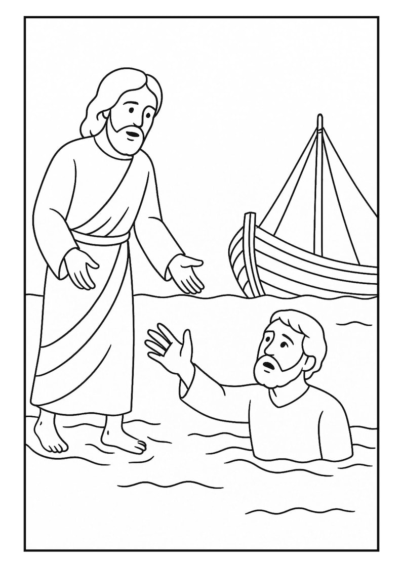 May include: Black and white line art illustration depicting a biblical scene. A figure in a robe stands on the shore, reaching out to another figure in the water. A boat with a mast is in the background.