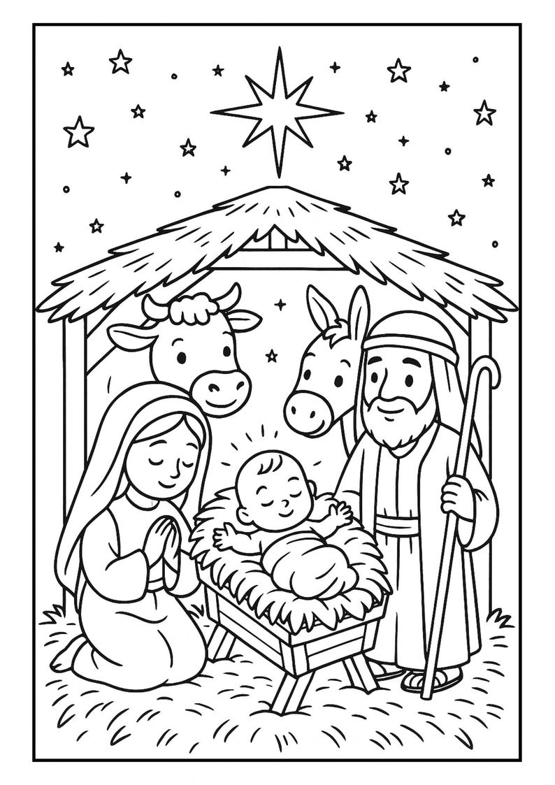 May include: Black and white illustration of a nativity scene. The image depicts Mary, Joseph, and baby Jesus in a manger, with a cow and donkey. A star shines above the stable, surrounded by smaller stars.