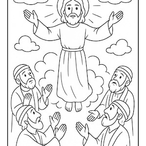 May include: Black and white line art illustration of a religious scene. A figure with a halo ascends into the sky, surrounded by clouds and rays of light. Below, several figures look up with their hands raised.