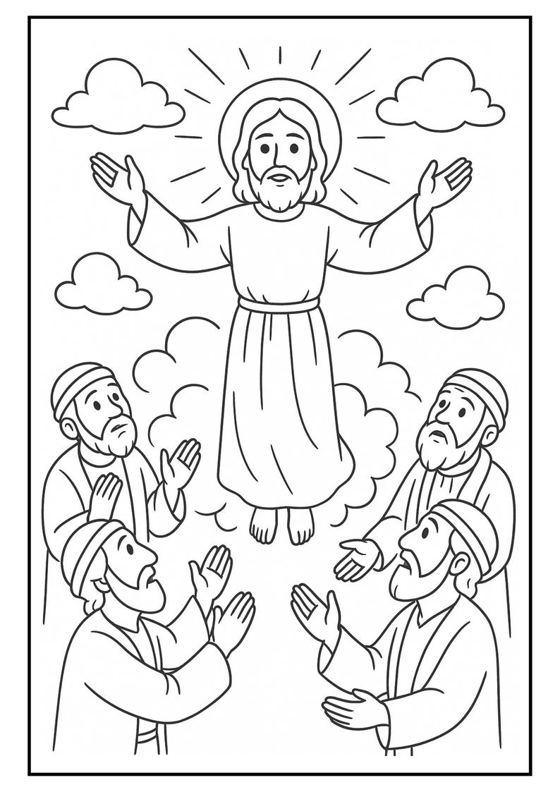 May include: Black and white line art illustration of a religious scene. A figure with a halo ascends into the sky, surrounded by clouds and rays of light. Below, several figures look up with their hands raised.
