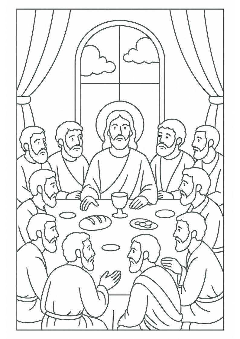 May include: Line art illustration of the Last Supper. Jesus is seated at a table with twelve men. A window with clouds is visible in the background. A chalice, bread, and plates are on the table.