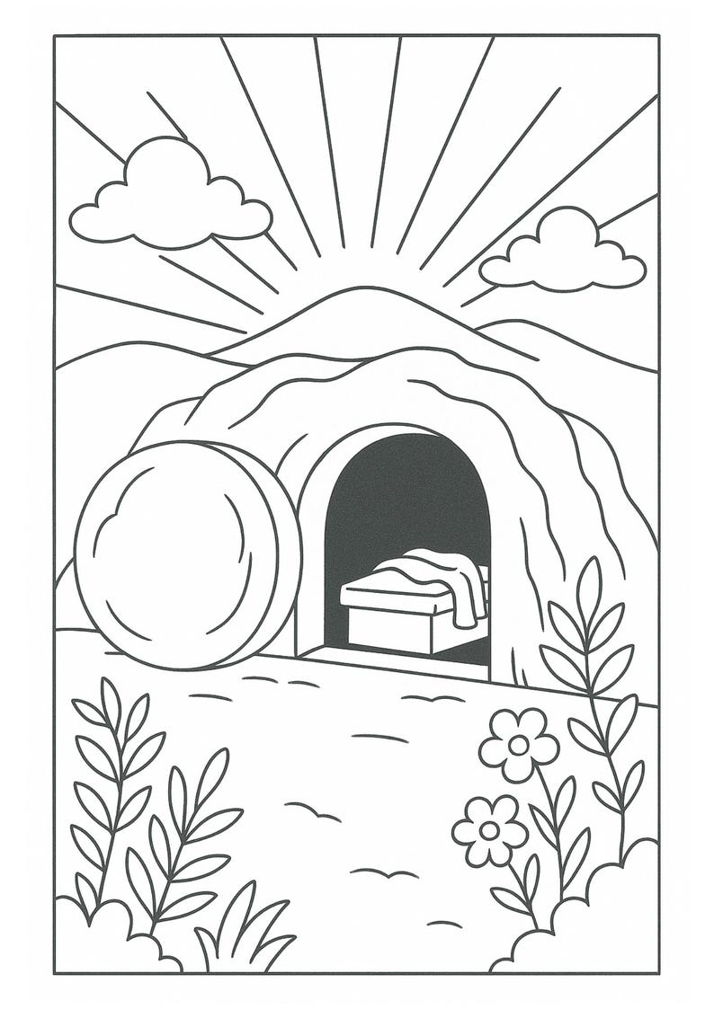 May include: Black and white line art illustration of an Easter scene. Depicted is an open tomb with a stone rolled away, a bed inside, and a rising sun in the background. Flowers and plants are in the foreground.