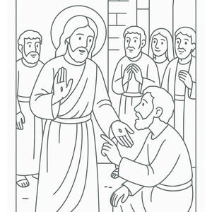 May include: Black and white line drawing depicting a religious scene. A central figure with a halo gestures towards a kneeling man. Several other figures stand nearby, observing the interaction. The background includes architectural elements.