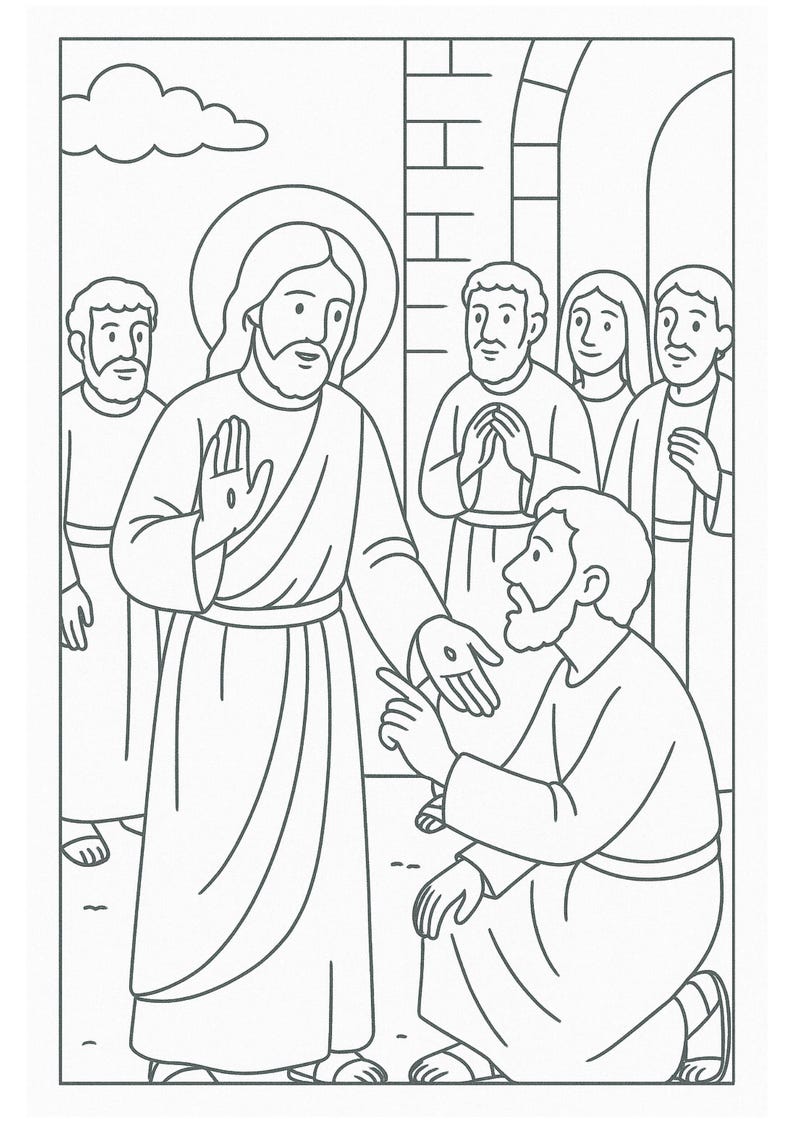 May include: Black and white line drawing depicting a religious scene. A central figure with a halo gestures towards a kneeling man. Several other figures stand nearby, observing the interaction. The background includes architectural elements.