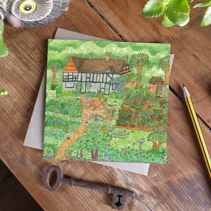 Carte de voeux jardin de campagne anglais, art du jardin, amateur de jardin, rose anglaise, carte d'art, belle maison