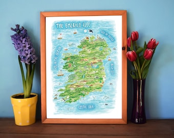 Ireland Map Poster, Ireland Art, Travel Gift, Wanderlust, Illustrated map, Emerald Isle,