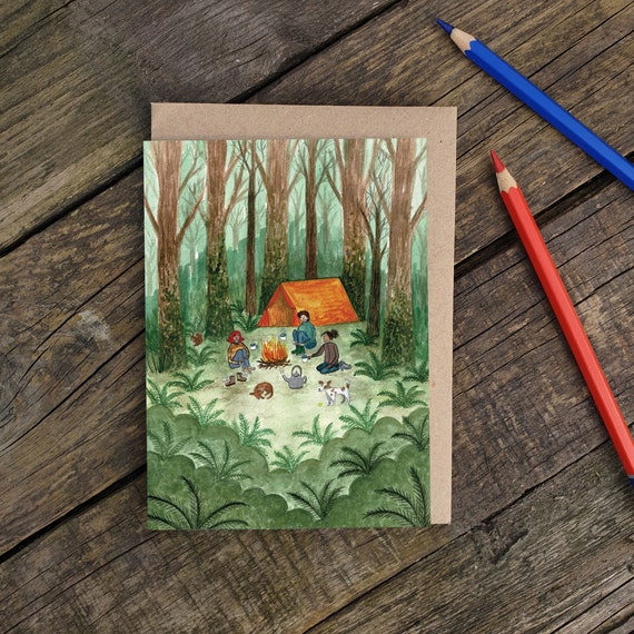 Camping Greeting Card, Woodland Art, Friends Cards, British Holiday