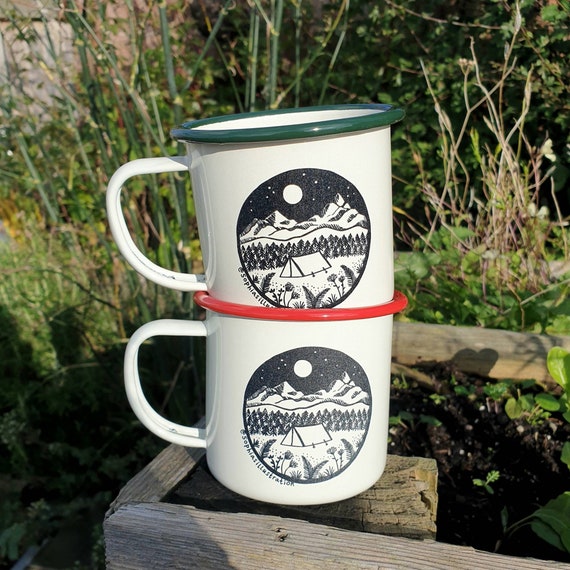 Camping Enamel Cup, Outdoors Mug, Tent Design, Festival Cup