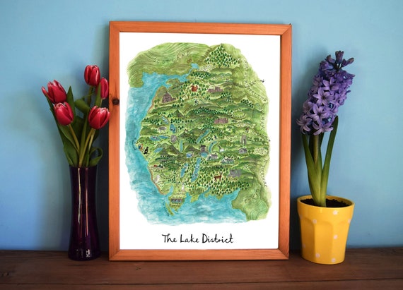 Lake District Art Map, Illustrated Map Print, Cumbria Art, Mountain Art