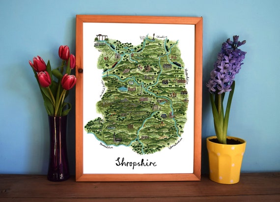 Map of Shropshire, Midlands, Illustrated Map Art