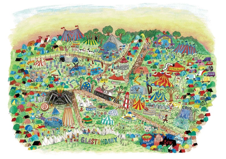 Glastonbury Festival Map Illustrated Map Prints Festival Art Etsy