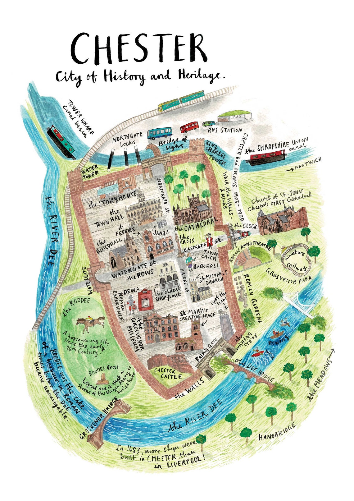 Chester Map Art Illustrated Map Cheshire City Map Etsy