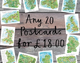 Illustrated Map Postcard Bundle of 20 Cards