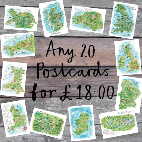 Map Postcard Deal, Travel Gift, Illustrated Map, UK Map Art