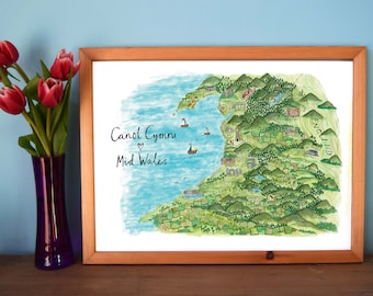 Impresión giclée del mapa del centro de Gales (A3)