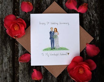 Custom Anniversary Card, Bespoke Portrait Card, Paper Anniversary, 1st Anniversary, Hand painted Cards, Wedding Card,