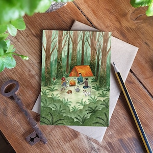 Cartão de felicitações para acampamento, arte da floresta, cartões de amigos, feriado britânico