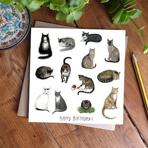 Cats Birthday Card, Cat Illustration, Cat Lover Card
